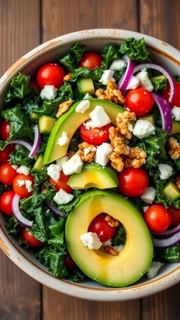 A colorful kale salad with avocado, tomatoes, and feta cheese in a rustic bowl.